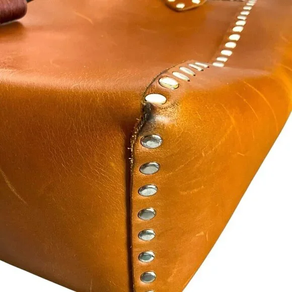 Jaxy Blue Medium Leather Tote Bag Brown Handmade Studded Western Tassel Pocket - Picture 12 of 14